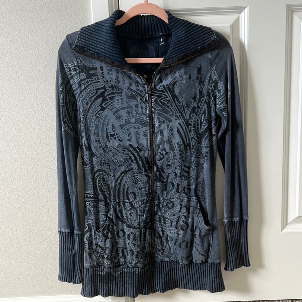Affliction Blue Lightweight Shirt Jacket with Ornate Design Fits Small